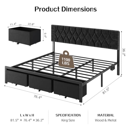 King Size Bed Frame with 3 Storage Drawers & Upholstered Headboard, view 3