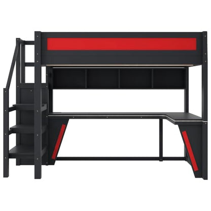 JIVOIT Full Size Gaming Loft Bed Frame with Desk, Wardrobe, Side Ladder, Shelves (Black+Red/ 66)