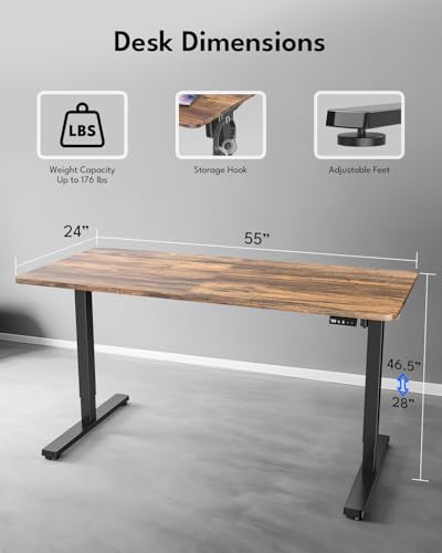 Standing Desk, Height Adjustable Electric Stand up Desk, 55 x 24 Inches Sit Stand Home Office Desk with Splice Board, Black Frame/Rustic Brown Top