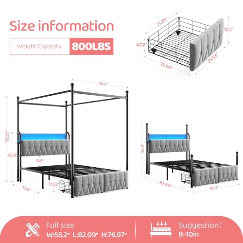 Full Canopy Bed Frame with Drawers and LED Lights & Charging,Grey, view 3