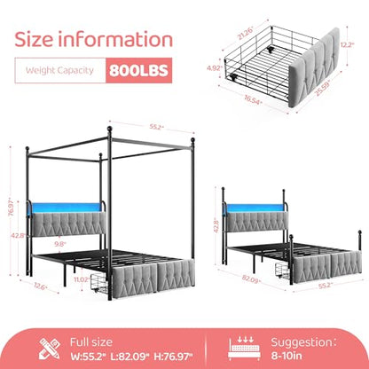 Full Canopy Bed Frame with Drawers and LED Lights & Charging,Grey, view 3