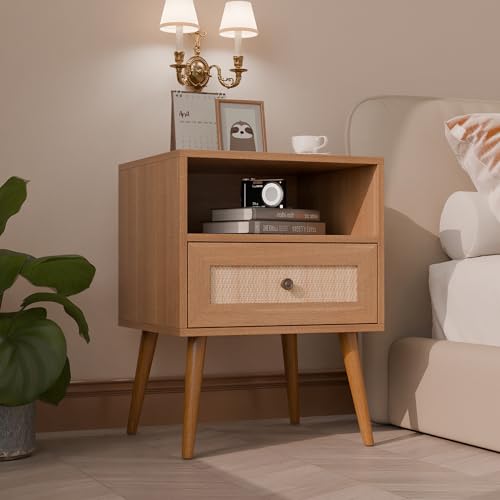 Modern Wicker Rattan Stand Set of 2, Rattan Stand with Drawer and Small Space, Wooden Side Table for Small Spaces, Natural Wood Bedside Table for Bedroom (no Charing Station, 2)