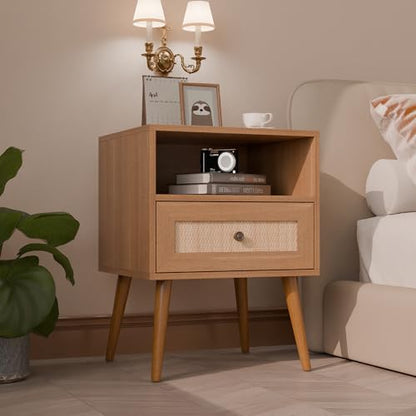 Modern Wicker Rattan Stand Set of 2, Rattan Stand with Drawer and Small Space, Wooden Side Table for Small Spaces, Natural Wood Bedside Table for Bedroom (no Charing Station, 2)