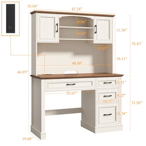 Farmhouse 67" H Executive Desk with Hutch,LED Light and Charging Station, Computer Desk with Storage Drawers & File Drawer, Workstation for Home Office & Study.Unique White