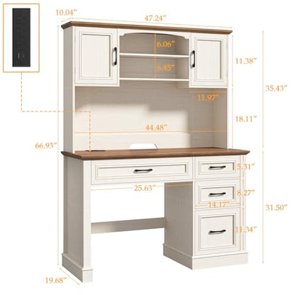 Farmhouse 67" H Executive Desk with Hutch,LED Light and Charging Station, Computer Desk with Storage Drawers & File Drawer, Workstation for Home Office & Study.Unique White