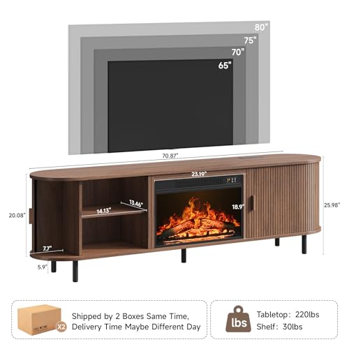 70.8" Fluted Fireplace TV Stand with 23" Electric Fireplace, Walnut, view 3