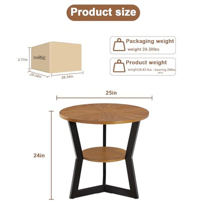 End Table, Round Wood End Table for Living Room with 2-Tier Table Top with Storage Rack, Metal Leg Triangle Support Design, Home Furniture, 25 x 25 x 24 in, Brown
