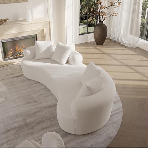 106.7" Modern Curved Oversized Sectional Sofa, Minimalist Modular Cloud Couch with 4 Throw Pillows, Luxury 4-Seater Extra Deep & Wide Seat Sofa in Soft Teddy Fabric, Cream White