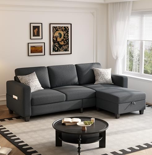 78" Sectional Sofa Couches for Living Room, 3 Seat L Shaped Convertible Couch with Storage Ottoman, Comfortable Pet-Friendly Linen Sofa Set for Small Space, Apartment, Office, Dark Grey