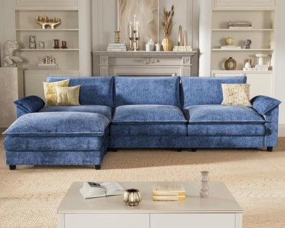 119" Modular Sectional Sofa, L Shaped Sofa Couch with Reversible Ottoman, DIY Combination Chenille Deep 3-Seat Cloud Couch for Living Room, Apartment (Dark Blue, L Shaped Sofa)