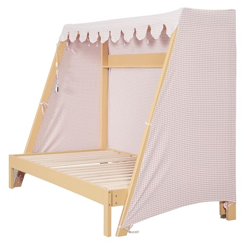 JIVOIT Twin XL Bed with Twin XL Trundle, Storage Shelf, Space-Saving Extendable Platform Bed with Pink Plaid Tent for Double, No Box Spring Required (Natural,22)