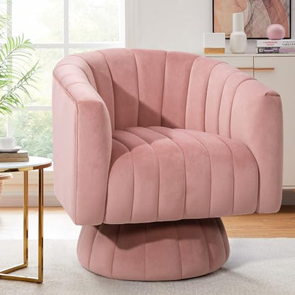 Swivel Accent Chair, Modern 360° Swivel Barrel Chair, Light Pink | Mid Century Overstuffed Tufted Velvet Chair with Armrest, Comfy Round Armchair, Ideal for Living Room, Bedroom, Reading Room
