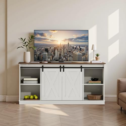 Farmhouse TV Stand 65 Inch for Living Room Bedroom White, view 3
