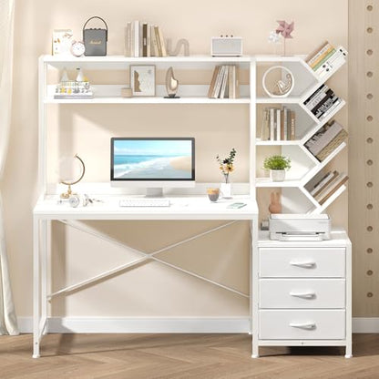 Reversible Computer Desk with Hutch, Home Office Desk with Drawers and Bookshelf, 52'' Study Writing Desk with Storage Shelves for Bedroom Home Office, White