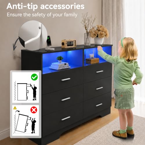 6 Drawer Dresser with Power Outlets and LED Wooden Chest of Drawers with Large, view 8