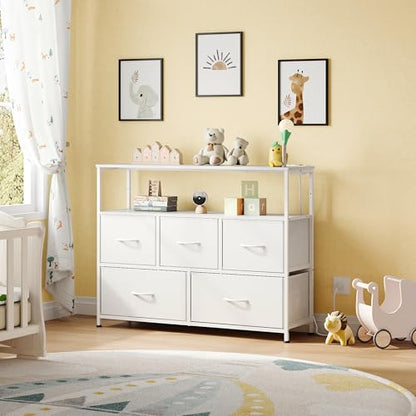 White Dresser for Bedroom with 5 Drawers，Fabric Dresser with Charging Station, view 3