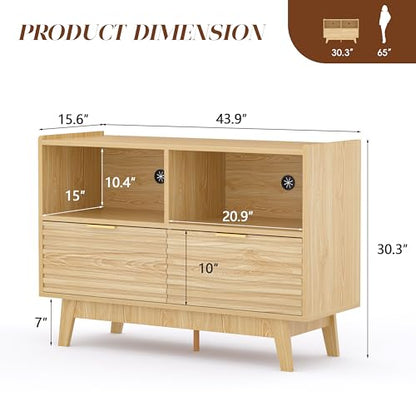 Fluted Buffet Sideboard Oak, Modern Storage Cabinet w/Cord Cutout, view 3