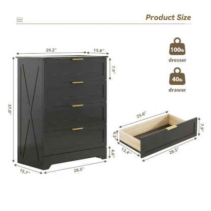 Modern Wide Wooden Chest of Drawers, Dresser for Closet, Black, view 3