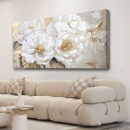 Platinum Peony Picture Print Canvas Wall Art Living Room Office Bedroom Wall Decor Floral Wall Art Prints Modern Gold White Landscape Artwork Waterproof Ready to Hang - 20x40 inches