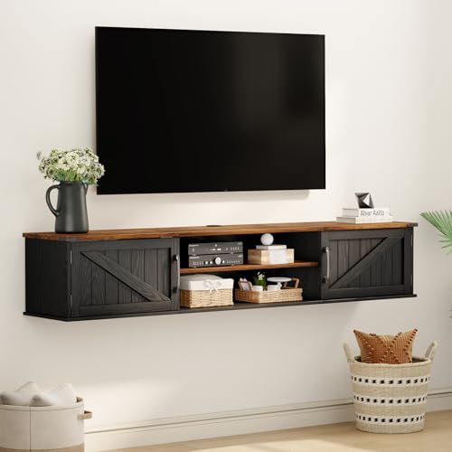 63" Farmhouse Floating TV Stand with Doors for TVs up to 80", Black, view 2