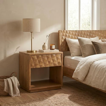 Sapa Solid Wood Nightstand with 3D Carved Drawer Front – Modern Bedside Table with Open Shelf, Easy Assembled - Teak Look