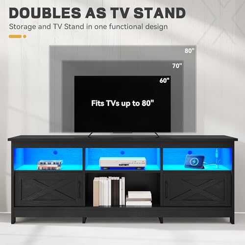 70" Farmhouse TV Stand for 70-80" TVs with LED, Living Room, Black, view 5