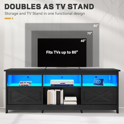 70" Farmhouse TV Stand for 70-80" TVs with LED, Living Room, Black, view 5