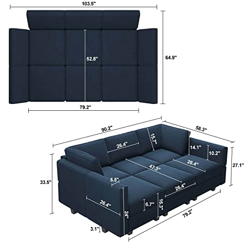 Modular Velvet Sectional Sofa with Chaise Lounge Sectional Sleeper Sofa with Storage Chaise Bed Couch for Living Room Blue