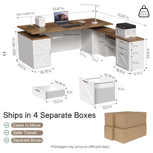 71" L Shaped Executive Desk with File Cabinet Drawers Outlet USB, view 3