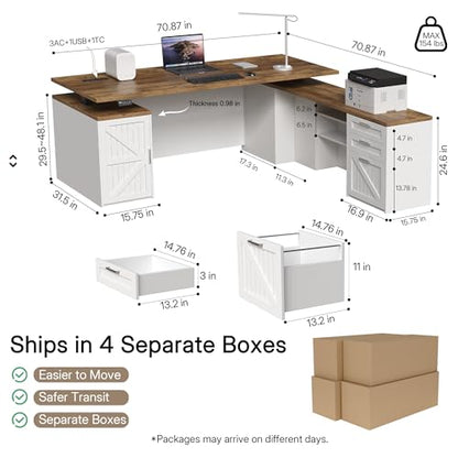 71" L Shaped Executive Desk with File Cabinet Drawers Outlet USB, view 3