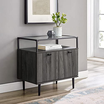 Modern Glass and Wood End Side Table Living Room Storage Small End Table, 2 Drawer, Slate Grey