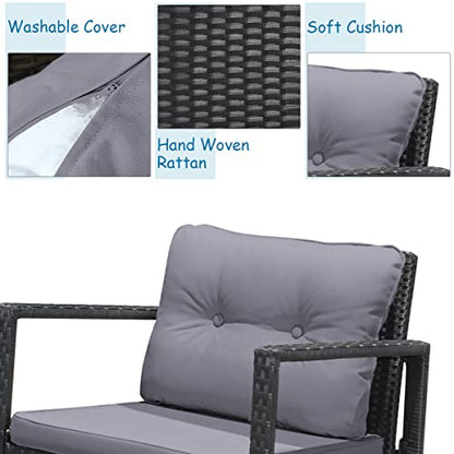 3 Pieces Patio Wicker Rocking Bistro Set, Outdoor Rocking Chair Furniture Set w/Cushioned Seat, Conversation Set w/Glass Coffee Table and Storage Shelf (Gray)