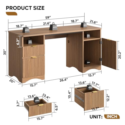 59 inch Office Desk with 2 Drawer, Computer Desk with File Cabinet & 2 Open Storage, Modern Fluted Wood Desk for Home Office Bedroom Study, Natual Oak