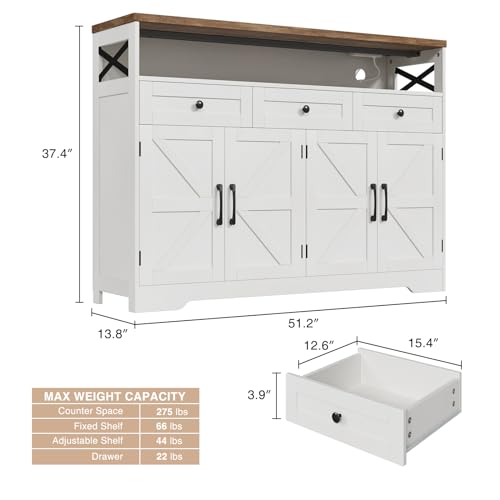 51" Farmhouse Buffet Sideboard Cabinet with Storage, White Kitchen Storage, view 3