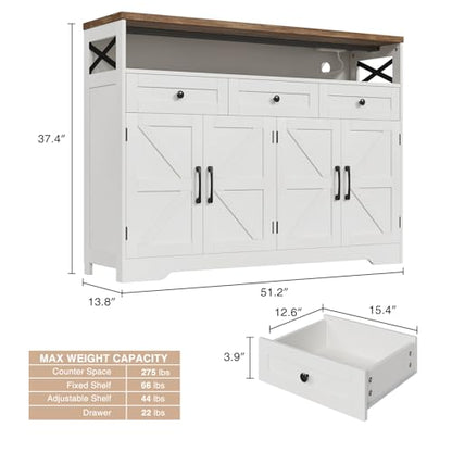 51" Farmhouse Buffet Sideboard Cabinet with Storage, White Kitchen Storage, view 3