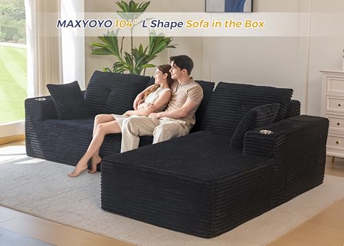 104" Modular Sectional Couch with L-Shape Chaise, Modern Boneless Couch for Living Room, Sofa in A Box, Oversized Sofa with Deep Seat, No Assembly Required, Black