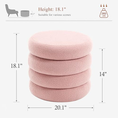 20.1 Inch Round Storage Ottoman, Modern Sherpa Ottoman Coffee Table with Removable Top, Pink Vanity Stool with Storage for Bedroom, Living Room, Dorm, Set of 1