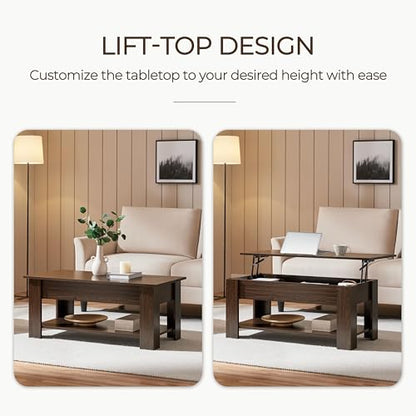 Yaheetech Lift Top Coffee Table with Hidden Compartment and Storage Shelf, Rising Tabletop Dining Table for Living Room Reception Room, 38.6in L, Espresso