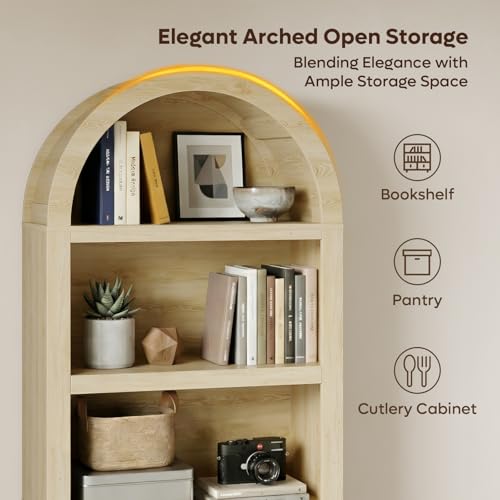 76"Tall Arched Bookcase With 2 Tier Adjustable Shelves, Natural Oak | Adjustable Bookshelf, 5 Tier Large Wood Book Case, Mid Century Modern Open Display Shelf for Bedroom, Home Office,Living Room