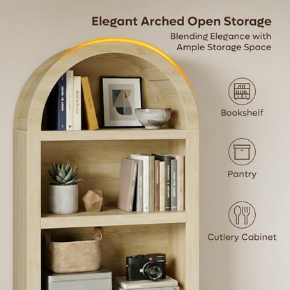 76"Tall Arched Bookcase With 2 Tier Adjustable Shelves, Natural Oak | Adjustable Bookshelf, 5 Tier Large Wood Book Case, Mid Century Modern Open Display Shelf for Bedroom, Home Office,Living Room