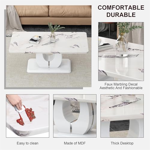 White Rectangular MDF Coffee Table with Marble Effect Top, view 6