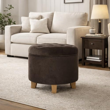 19" Velvet Button Tufted Round Storage Ottoman - Brown Velvet