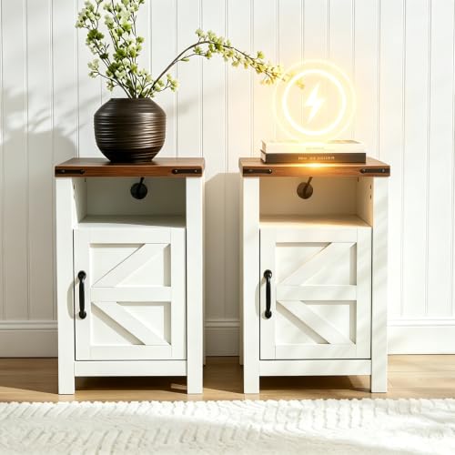 White Farmhouse End Table with Charge Set of 2, Rustic Nightstand with Barn Door and Shelf, Bedside Table with Charging Station for Living Room, Bedroom