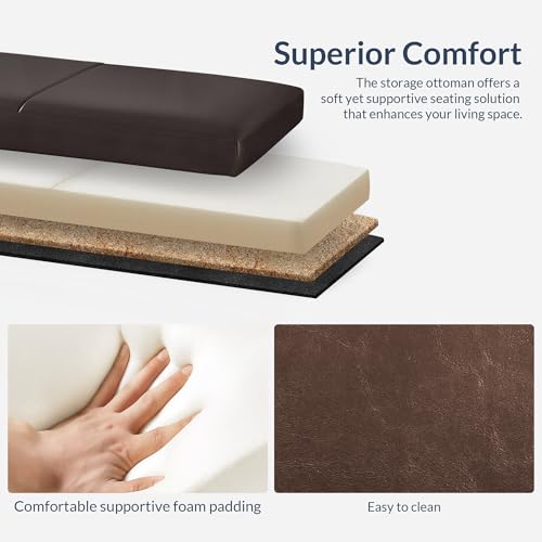 Storage Faux Leather Ottoman, 47 Inch Bench Bedroom Bench with Safety Close Hinge, Extra Long Ottoman with Storage for Living Room, Entryway, Hallway, Foot Rest, Support 300lbs - Brown