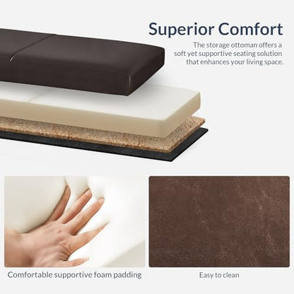 Storage Faux Leather Ottoman, 47 Inch Bench Bedroom Bench with Safety Close Hinge, Extra Long Ottoman with Storage for Living Room, Entryway, Hallway, Foot Rest, Support 300lbs - Brown