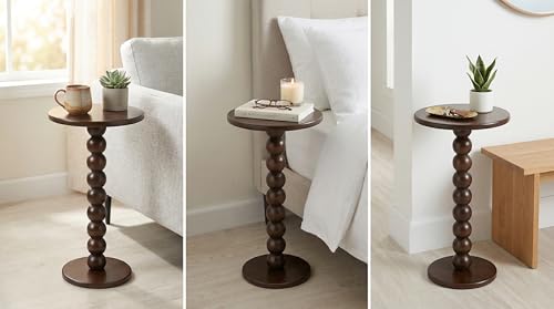 Solid Wood Round Side Table - Boho End Table for Living Room & Bedroom - Small Narrow Nightstand - Spool Bobbin Accent Furniture & Plant Stand- 22" Tall
