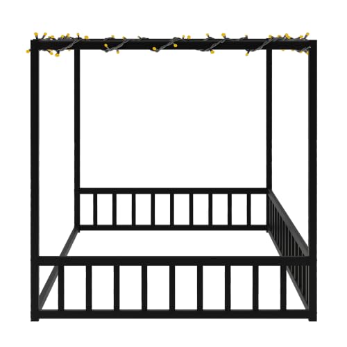 Full Canopy BedFrame with led, Metal Montessori House Floor Bed, view 6