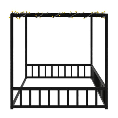 Full Canopy BedFrame with led, Metal Montessori House Floor Bed, view 6