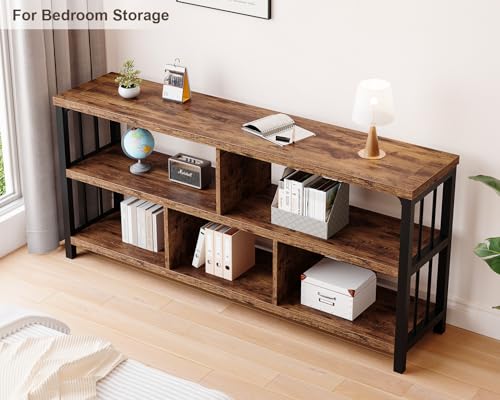 Bookshelf, Farmhouse 63” Long Open Book Shelf, Wood Metal 5 Cube Bookcase for Living Room, Low Horizontal Bookshelf for Bedroom, Wide Cubby Storage Organizer for Home Office, Rustic Brown, 63 Inch