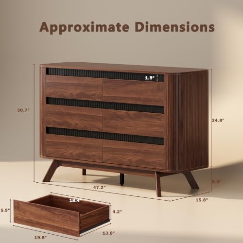 Fluted 6 Drawer Dresser for Bedroom, 47W x 31H, Modern Walnut Brown, view 3